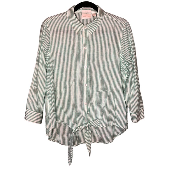 Chicos 100% Linen Green White Striped Collared Buttoned Tie Front Blouse Size M - Picture 1 of 6